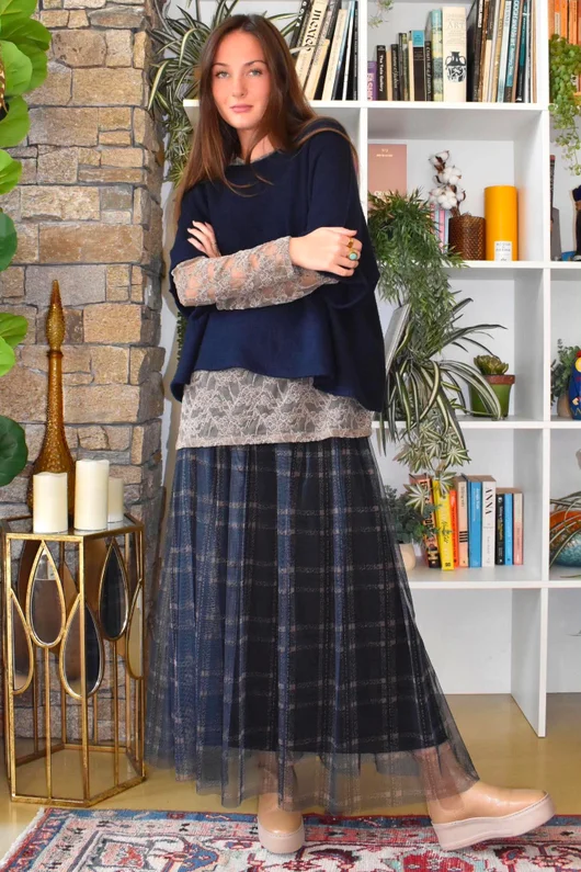 Enid Plaid Tulle Midi Skirt Navy